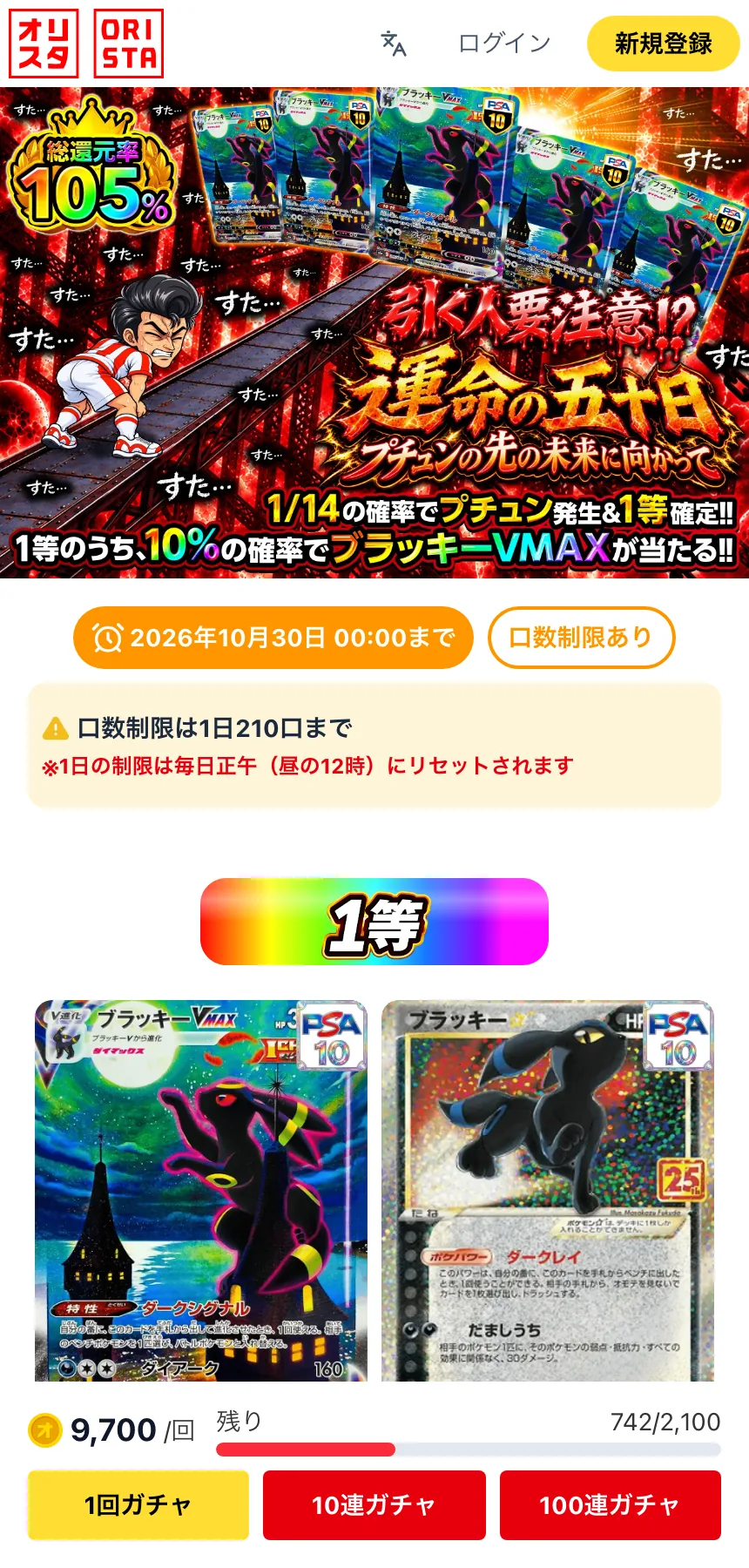 オリスタのガチャ詳細ページ。総還元率105%・1等の商品・残り742/2,100口・1日の口数制限が表示されている