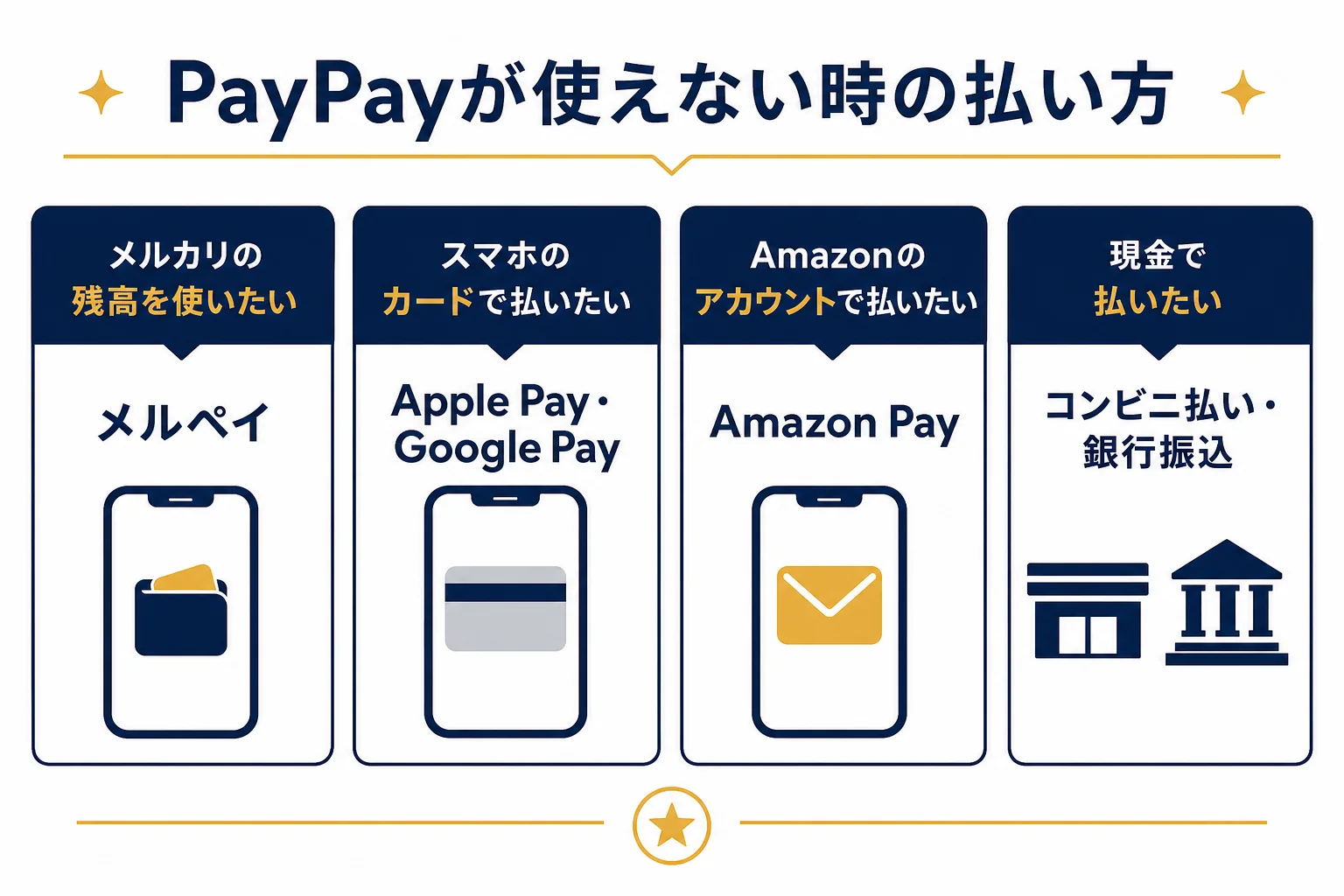 PayPayが使えない時に、代わりの支払い方法を選ぶ流れを示した図解