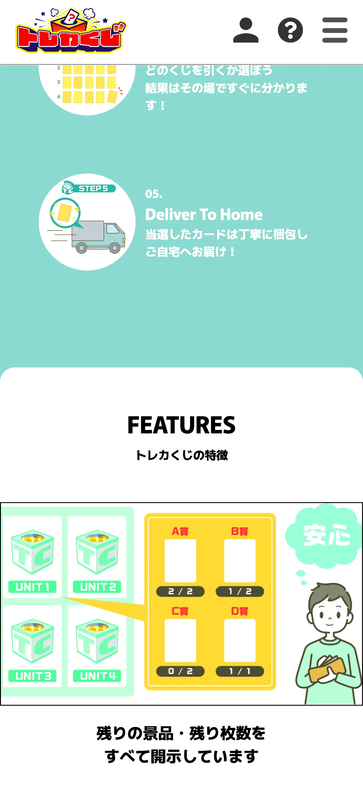 トレカくじの特徴を説明した公式サイトの画面。賞ごとの残り枚数をすべて開示していることと、自宅への配送の流れが描かれている